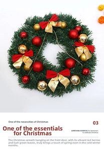 Détail d'une couronne de Noël avec aiguilles de pin, boules rouge et or et des nœuds