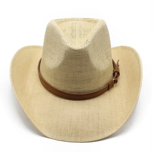 Macro detail of beige woven straw cowboy hat with brown leather band and buckle