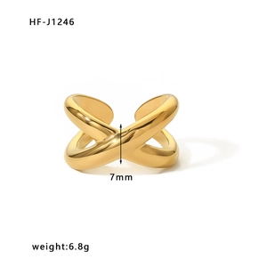 Detailed view of 18k gold plated stainless steel cross ring with 7mm width and 6.8g weight