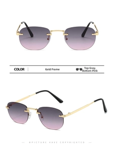 Front and side view of rimless oval sunglasses with gold temples and gradient lenses