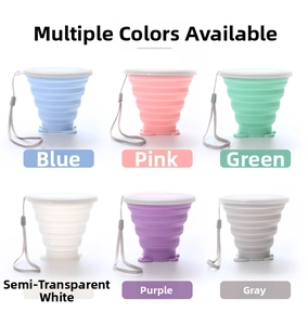 Detailed grid view of six multi-colored collapsible silicone travel cups with lids and lanyards