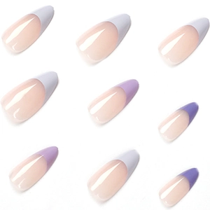 Minimalist lavender French almond press-on nails with purple gradient tips on white base