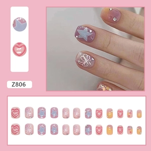 Star and heart pattern purple press-on nails with rhinestones and 24-piece full set
