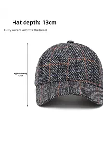 Detail of plaid baseball cap in gray-black tweed with 13cm deep fit measurement