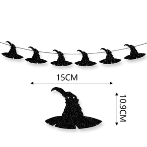 Close-up of black glitter wizard hat banners with 15cm x 10.9cm size dimensions
