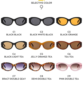 Matrix display of nine trendy sunglasses color variants with cat-eye frames on white background