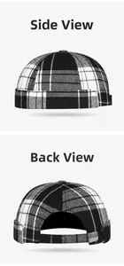 Detail view of black and white checkered docker hat featuring a metal adjustable buckle