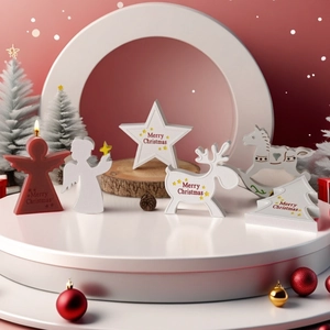 Festive Christmas decoration set with elk, rocking horse and stars on white pedestal