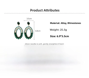 Detailed size and weight specs for green oval geometric drop earrings with crystals
