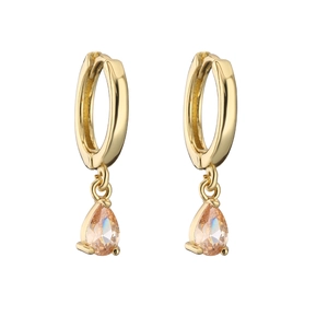 Detail of champagne teardrop zircon earrings with gold plated hoops on white background