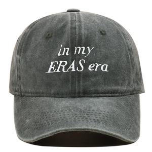 Detailed close-up of in my ERAS era embroidery on vintage washed charcoal baseball cap