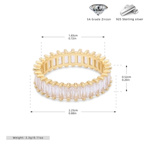 Close-up of eternity ring with baguette-cut clear zircons on gold-plated 925 silver band