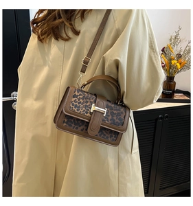 Brown leather and leopard print flap bag with gold buckle and top handle shown on a model