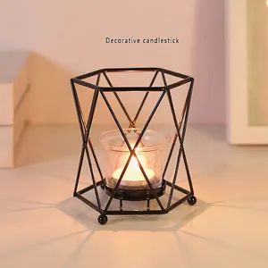 Nordic geometric iron candlestick holder with glass cup and tea light candle decor