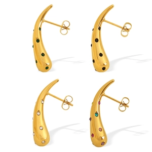 Modern 18K gold plated teardrop stud earrings with colorful gemstones for women