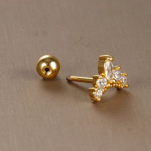 Goldener Kronen-Ohrknorpelstecker mit Zirkonia und sicherem Schraubverschluss-Ball