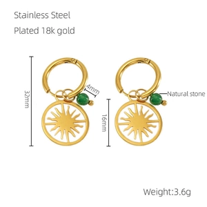 Détail des boucles d'oreilles soleil en acier plaqué or 18K avec perles vertes