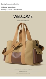 Detail view of large retro canvas travel bag with brown leather base and side pockets