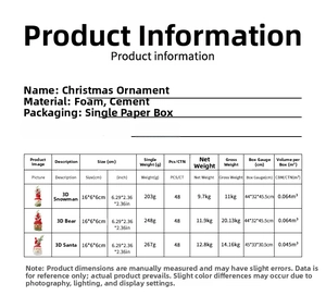 Size chart for 3D Christmas ornaments including snowman and bear figurines