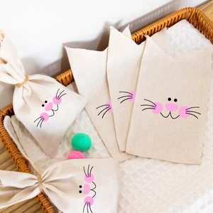 Easter bunny burlap gift bags with drawstring and cute rabbit face print 5-pack
