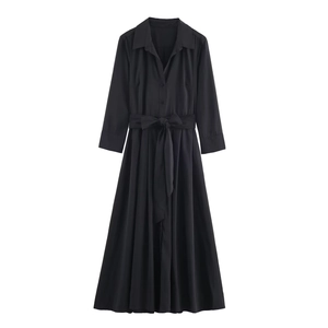 Elegant Women Long Sleeve Shirt Midi Dress Solid Black Polyester Lapel Collar With Belt Office Wear Casual