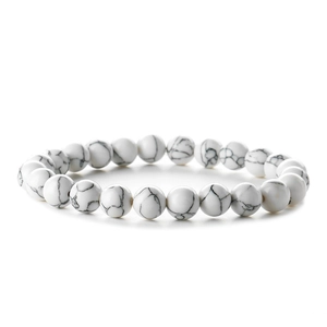 Minimalist 8mm white turquoise beaded bracelet with natural black marble patterns
