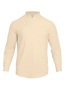 Detail of men's beige linen long sleeve shirt with a mandarin collar and textured fabric