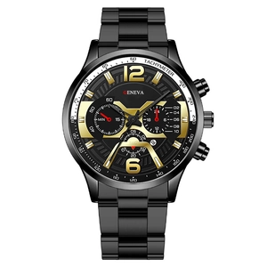 Montre à quartz Geneva pour homme en acier noir avec index dorés et dateur intégré
