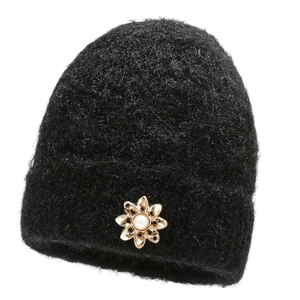 Women's warm black knit hat with plush mohair texture and elegant pearl flower brooch
