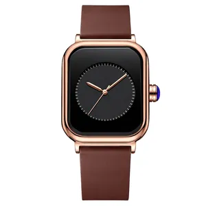 Elegant rose gold square quartz watch with black dial and brown leather strap for women