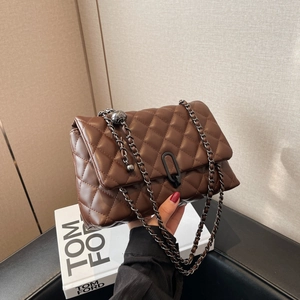 Deep brown quilted chain bag with matte finish and elegant metal bead strap detail