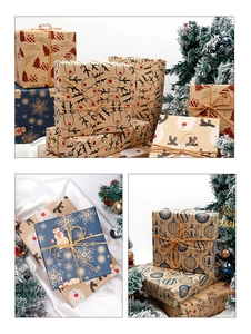 Detail of Christmas reindeer and snowflake prints on premium brown kraft gift wrapping paper