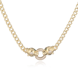 Luxury 18K gold plated double leopard head necklace with green eyes and crystal accents