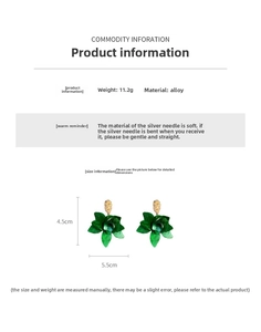 Detail showing green flower earrings dimensions 4.5x5.5cm and silver needle material