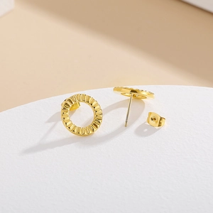 Elegant gold textured hollow round stud earrings in high-quality stainless steel