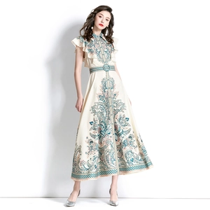 Robe maxi sans manches vintage avec imprimé cachemire, col à revers et ceinture