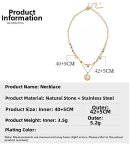 Detailed size specifications for double-layered gold plated necklace with marble stone pendant