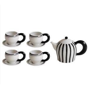 Retro black and white striped ceramic tea set with teapot, 4 cups and saucers