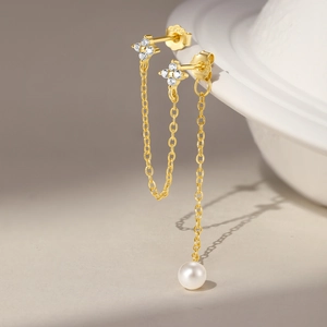 Detail of S925 gold tassel earrings with four-leaf flower, zircons and round white pearl