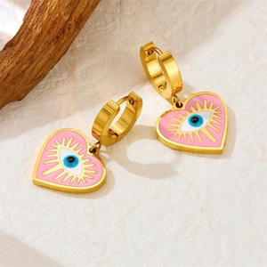 Pink heart-shaped evil eye hoop earrings in gold-plated stainless steel for women