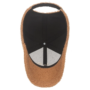 Brown teddy fleece baseball cap interior view with adjustable strap and warm lining
