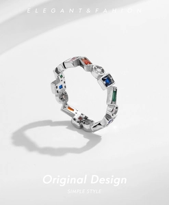 Macro shot of S925 sterling silver ring with colorful cubic zirconia and S925 stamp