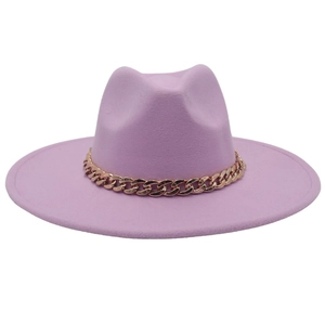 Detail of light purple fedora hat with a decorative gold metal Cuban chain link band
