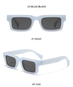 Frontal- und Seitenansicht der matten blauen rechteckigen Sonnenbrille mit schwarzen Gläsern