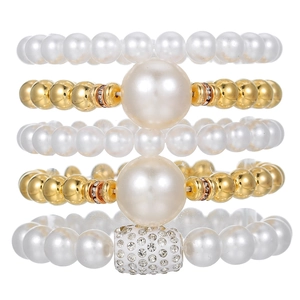5-piece layered faux pearl and gold bead bracelet set with rhinestone detail