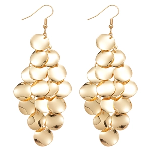 Fashionable multilayer gold disc sequin drop earrings with metallic fringe on white background