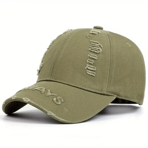 Macro shot of distressed olive green cotton cap featuring ALWAYS embroidery and ripped edges