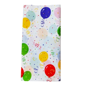 Disposable plastic party tablecloth with colorful balloons and streamers for birthdays