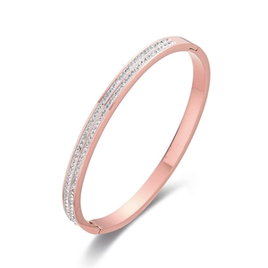 Eleganter roségoldener Titanstahl-Armreif mit doppelreihigen Kristallen auf weißem Hintergrund
