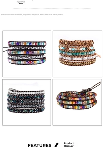 Detail grid of four multi-layer bohemian beaded bracelets with natural stone and crystals